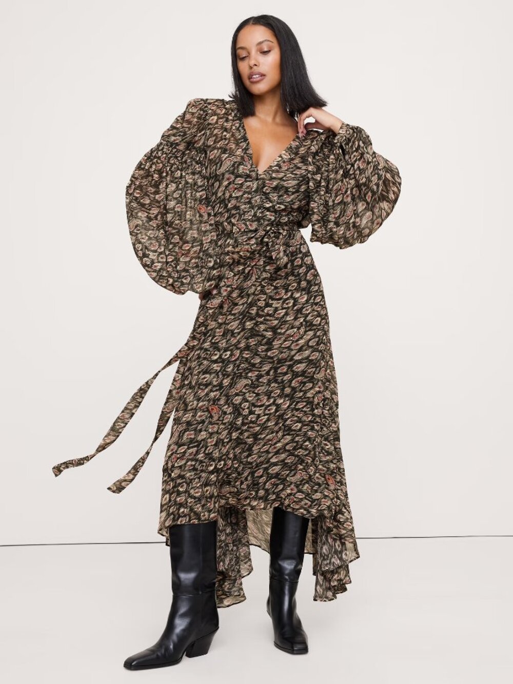 Georgette Puff-Sleeve Maxi Dress